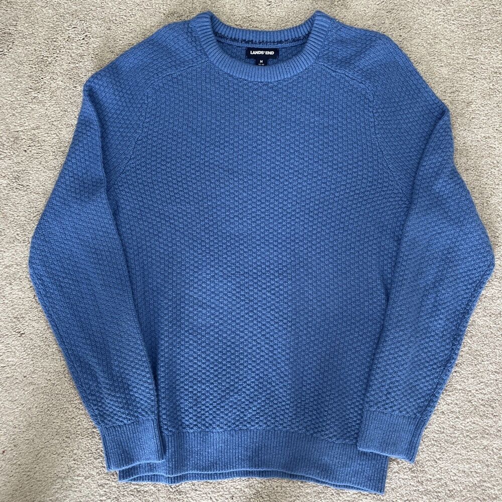 Lands End Chunky Knit Sweater Mens Medium Blue Fisherman Textured Preppy Warm